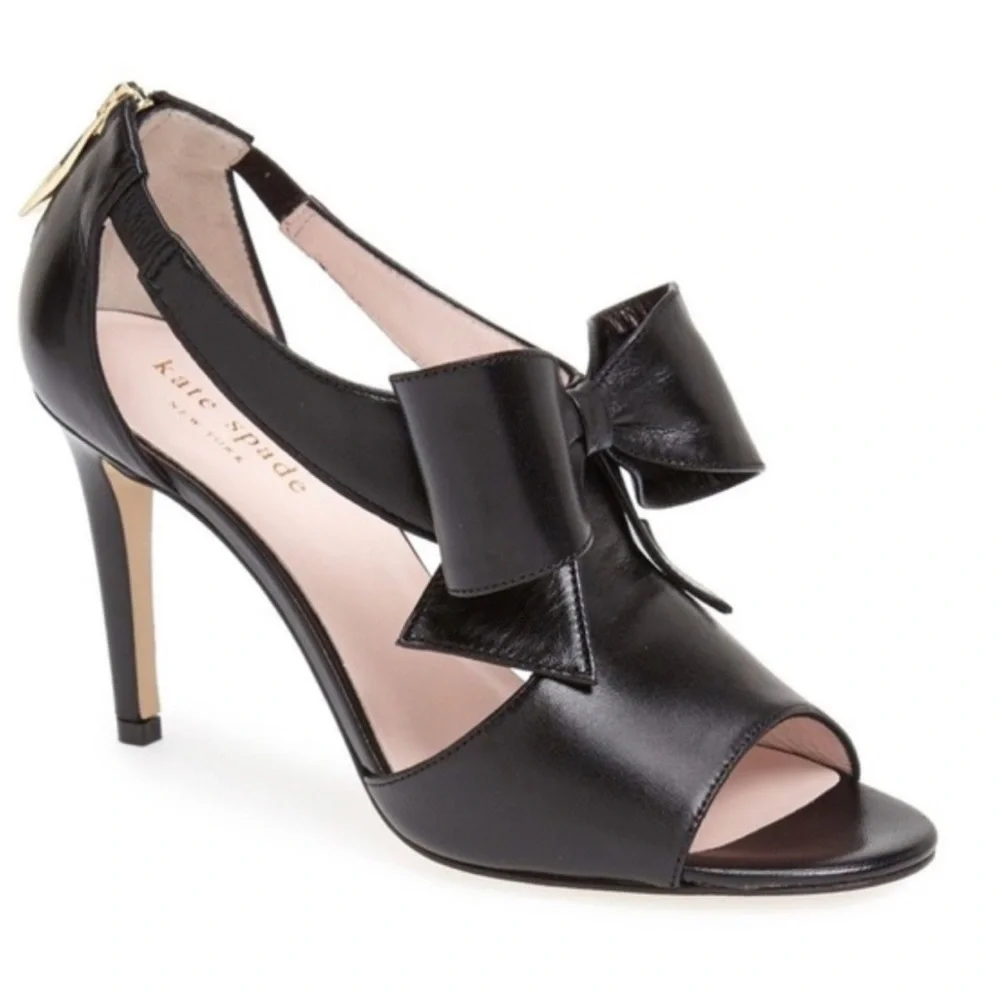 Kate Spade New York Leather Bow Detail Peep Toe Black Pumps Size 8.5